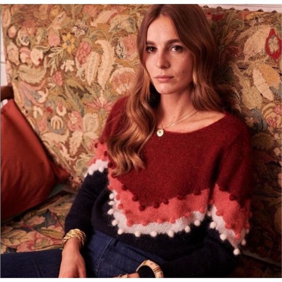 Sézane Paris Multi-Color Chevron Pom-Pom Mohair Wool Sweater Women’s Size Small - Picture 10 of 10